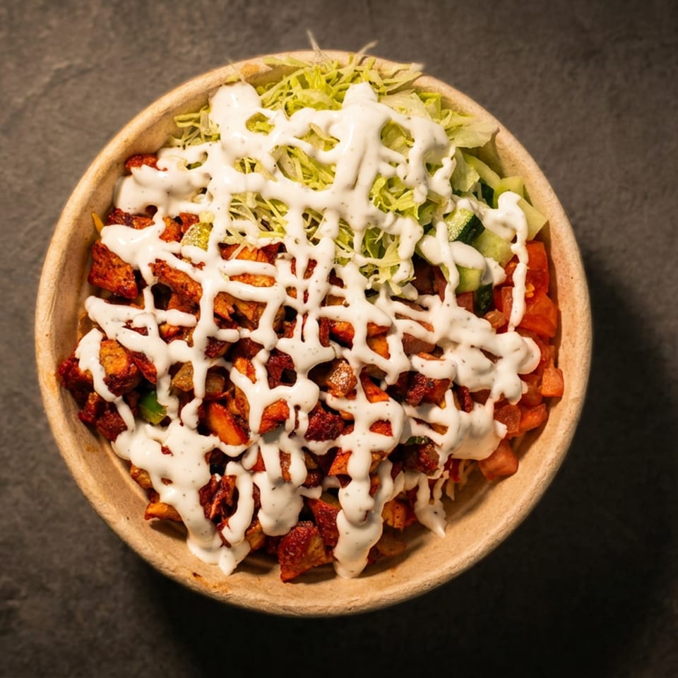 Overhead view of a bowl filled with chicken, lettuce, and white sauce on a dark surface.