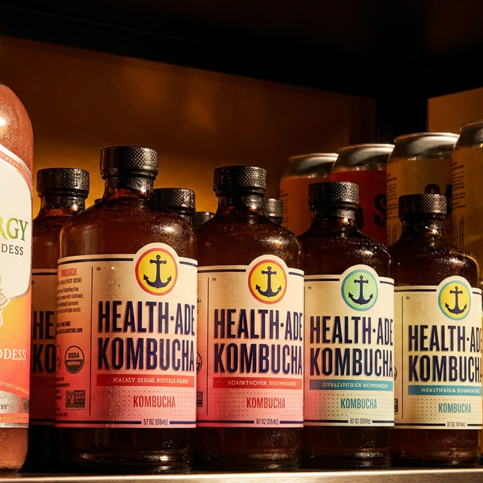 A refrigerated shelf displays various bottled kombucha and canned soda drinks in different flavors.